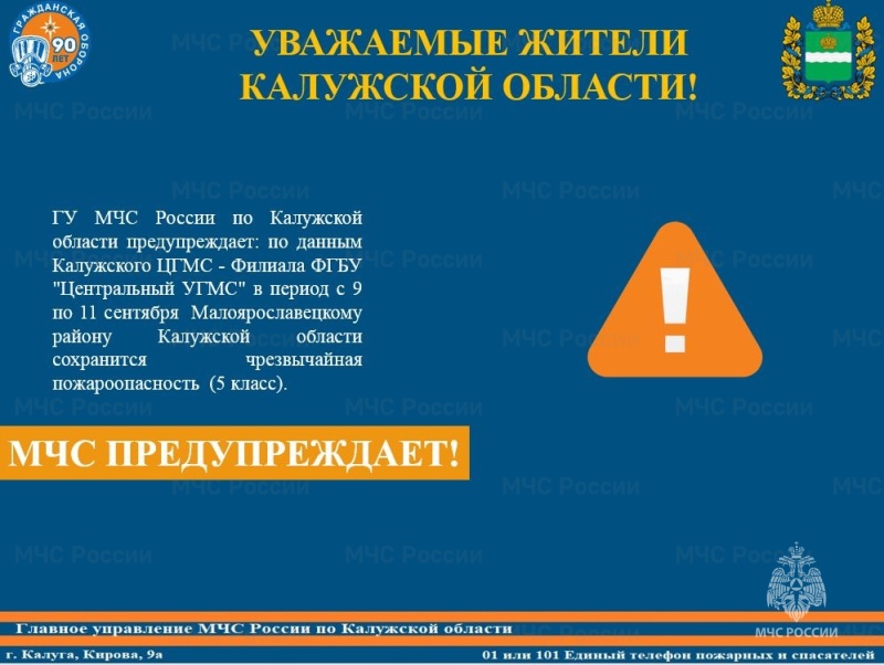 Предупреждение о 5 классе пожароопасности с 9 по 11 сентября 2022 года в Малоярославецком районе